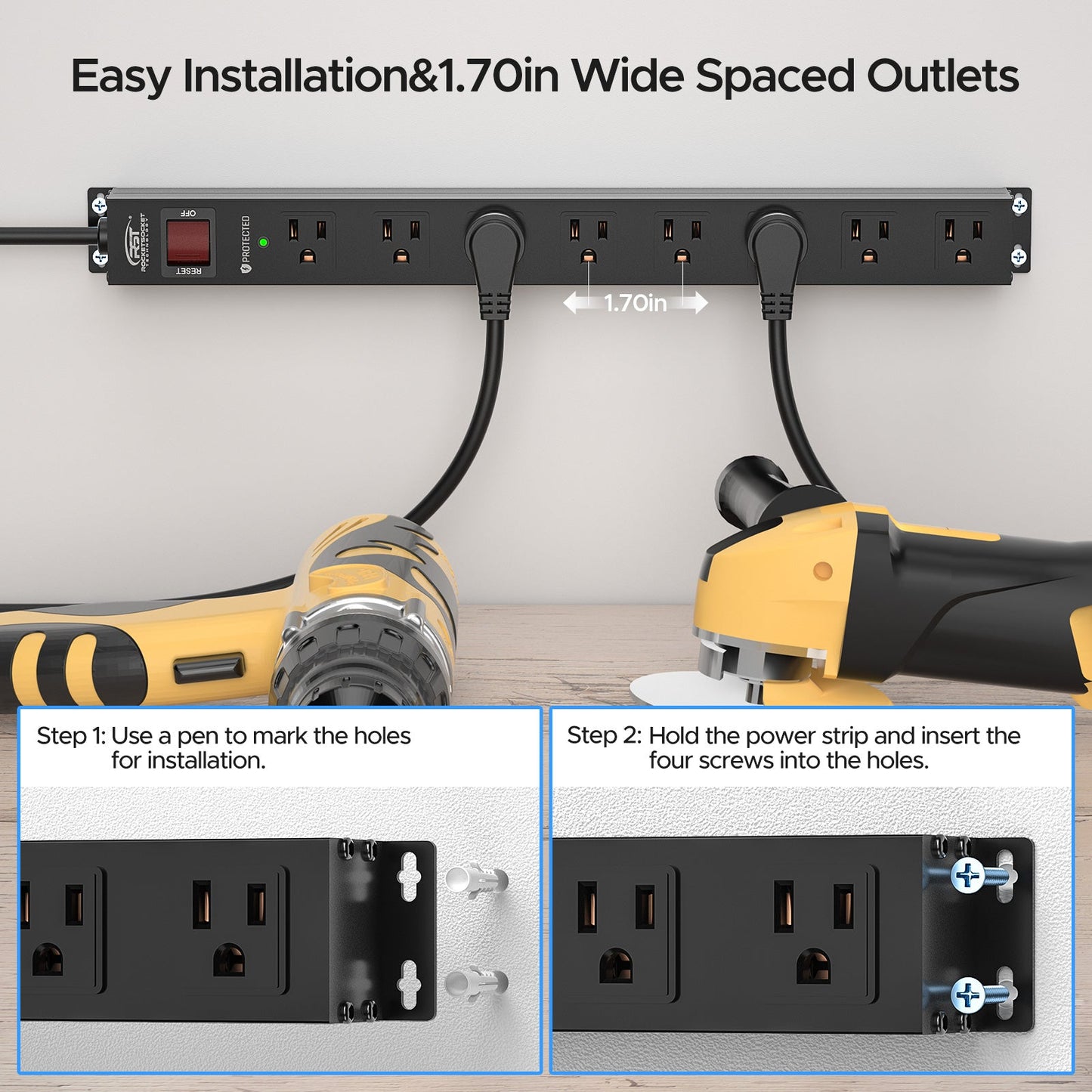 CRST 8 Outlets Wide Spaced Mountable Metal Power Strip Surge Protector, 6FT Flat Plug Power Cord, 2100 Joules Protection, Mount Kits Included