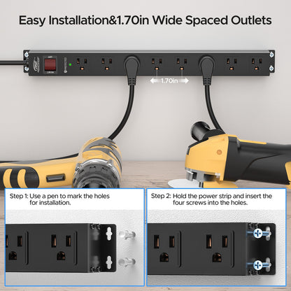 CRST 8 Outlets Wide Spaced Mountable Metal Power Strip Surge Protector, 6FT Flat Plug Power Cord, 2100 Joules Protection, Mount Kits Included